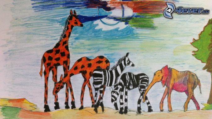 Tiere, Giraffen, zebras, Elefant