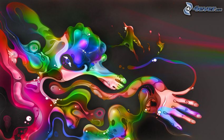 abstrakte Kleckse, Fuß, Hand, farbiger Hintergrund