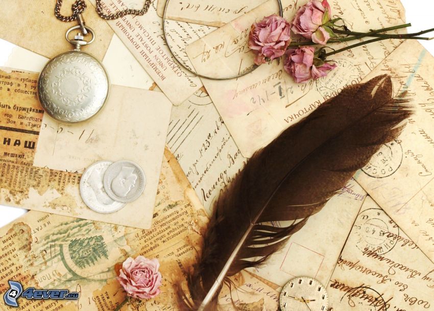 Briefschaften, Feder, rosa Rosen, Postamt, historische Uhr