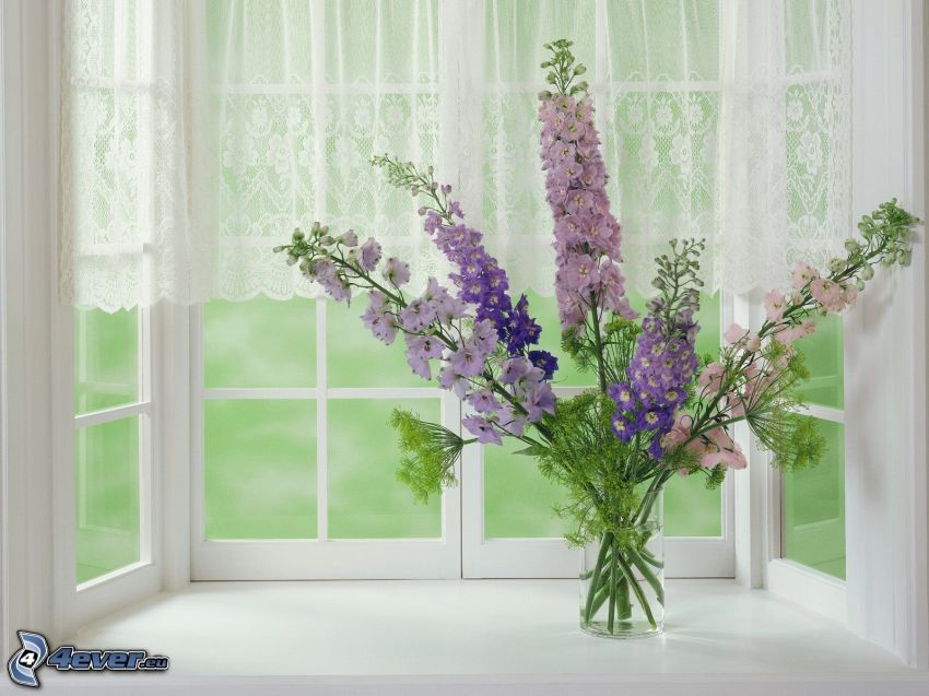 Feld Blumen in einer Vase, Fenster