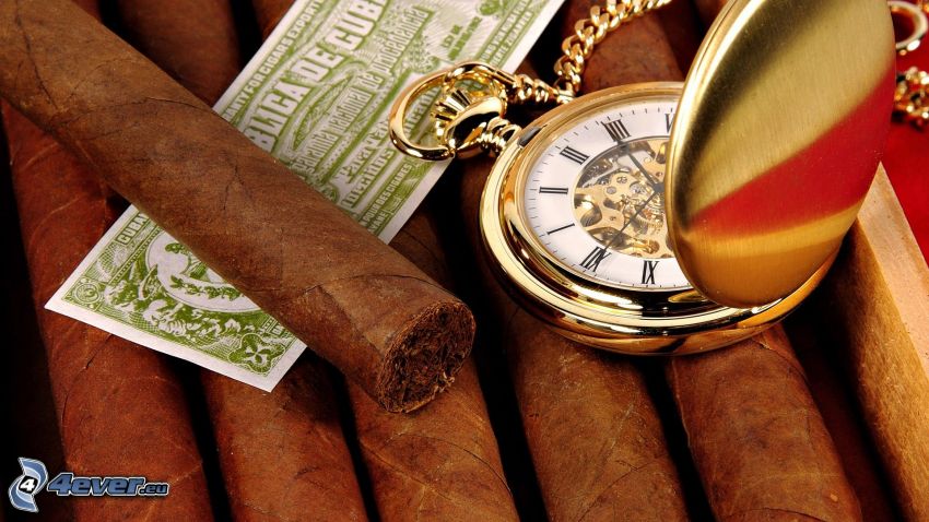historische Uhr, Zigarren, Geld