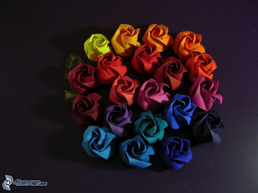origami, Rosen, farbige Papiere