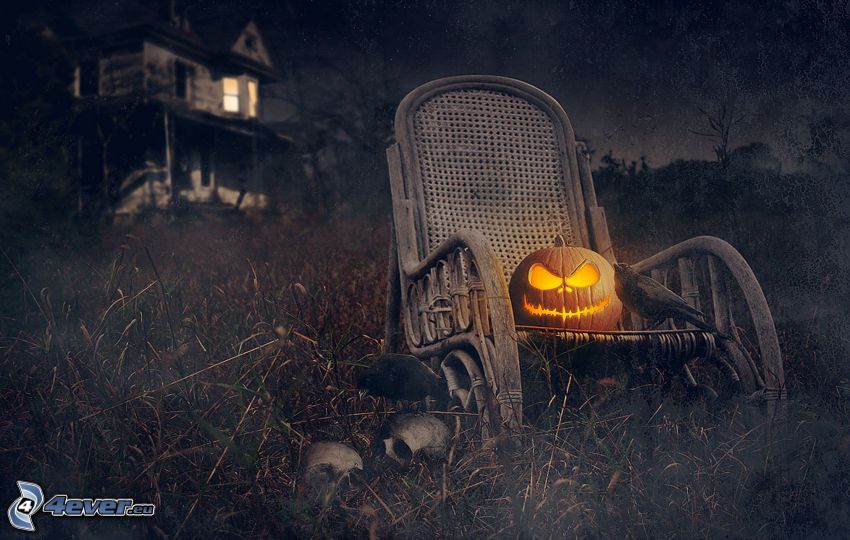 Schaukelstuhl, Halloween-Kürbis, haunted House, Feld