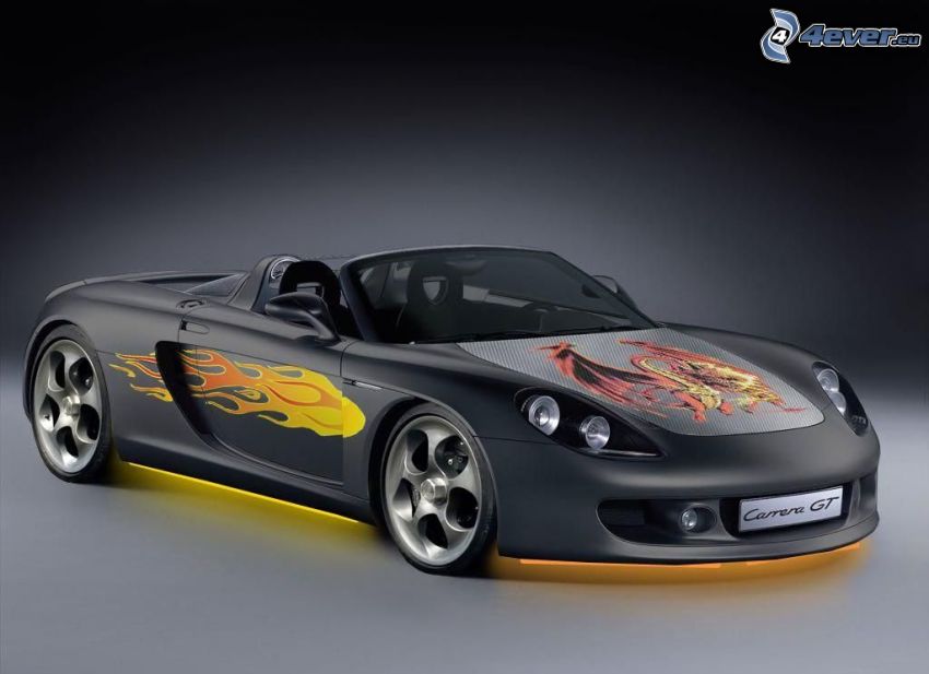 Porsche Carrera, Cabrio, cartoon Drachen, Flamme, Hintergrundbeleuchtung