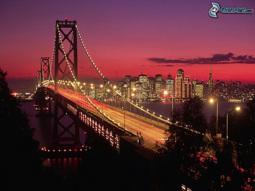 Bay Bridge, San Francisco, beleuchtete Brücke, Nachtstadt
