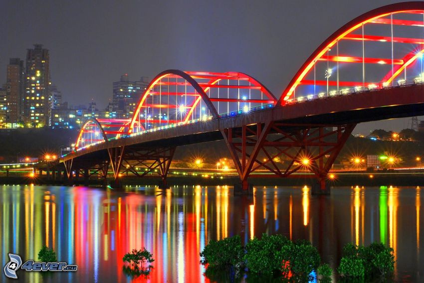 Guandu Bridge, beleuchtete Brücke, Nachtstadt