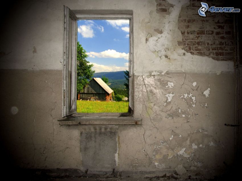 Hütte, alte Fenster, alten Mauer