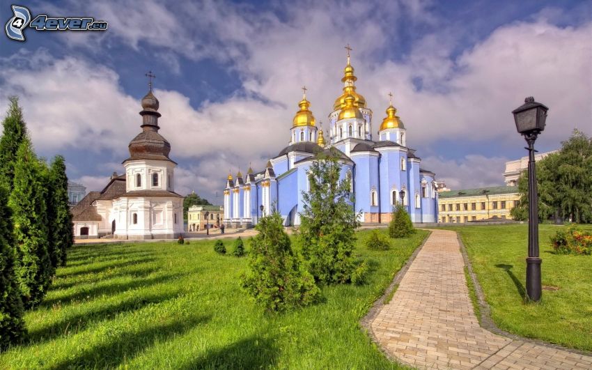 Kathedrale, Kapelle, Ukraine, Gehweg, Grün, Lampe, Wolken