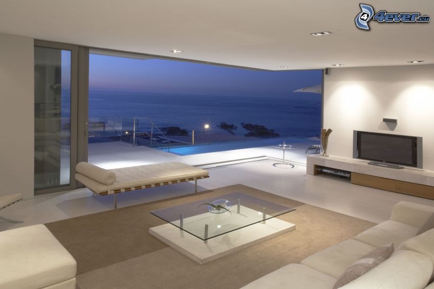luxuriöses Wohnzimmer, Blick auf dem Meer