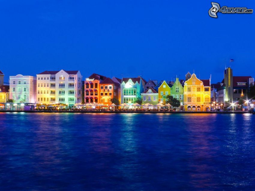 farbige Häuser, Nachtstadt, Curaçao