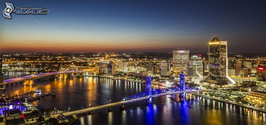 Jacksonville, Nachtstadt, Wolkenkratzer, beleuchtete Brücke