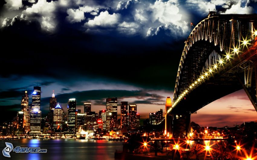 Sydney Harbour Bridge, beleuchtete Brücke, Nachtstadt, Wolken