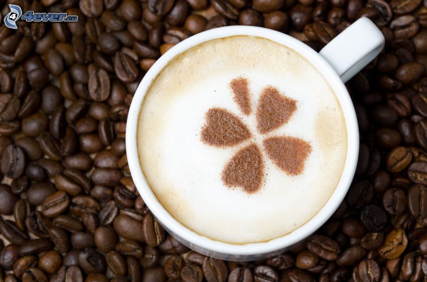 Cappuccino, Schaum, Glücksklee, Kaffeebohnen