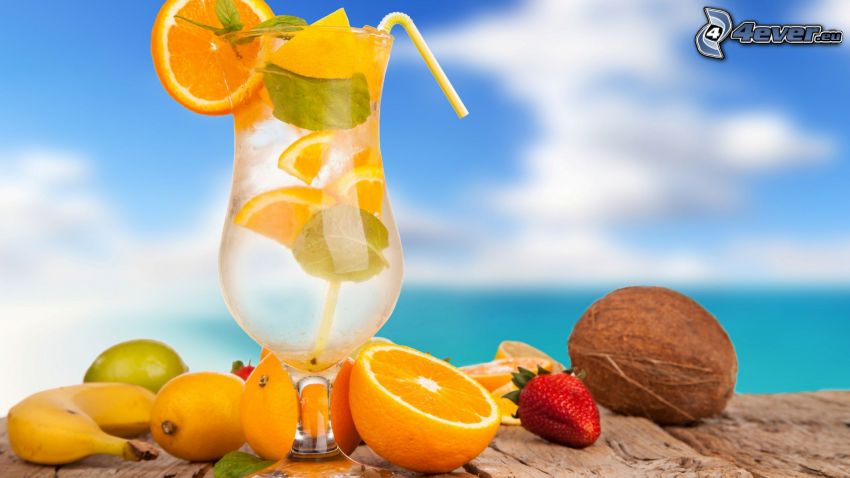 Cocktail, Strand, Obst, Banane, orange, Erdbeere, Kokosnuss, Zitrone, Limette