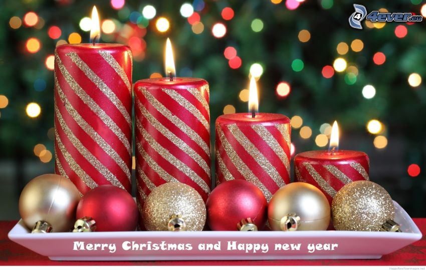Kerzen, Weihnachtskugeln, Merry Christmas, happy new year