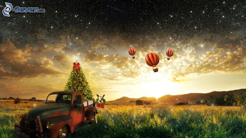 Weihnachtsbaum, altes Auto, Luftballons, Sternenhimmel, Sonnenstrahlen, Wolken, Wiese