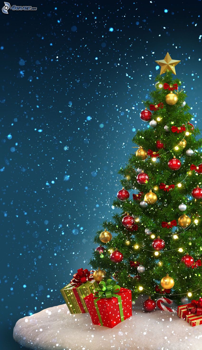 Weihnachtsbaum, Weihnachtskugeln, Geschenke, schneefall, Cartoon