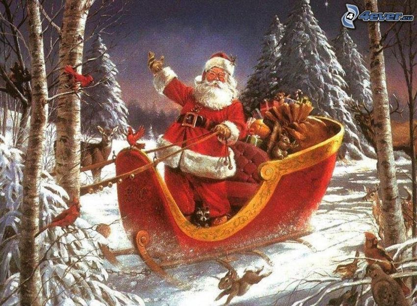 Weihnachtsmann, Schlitten, Bäume, Schnee, Cartoon