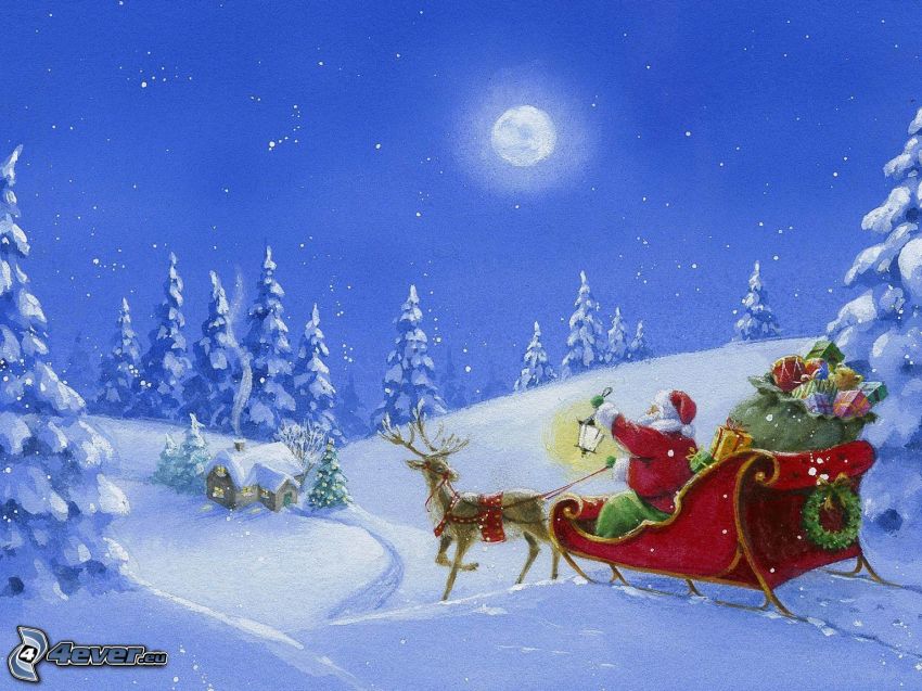 Weihnachtsmann, Schlitten, Rentier, Geschenke, verschneite Landschaft, Mond, Cartoon