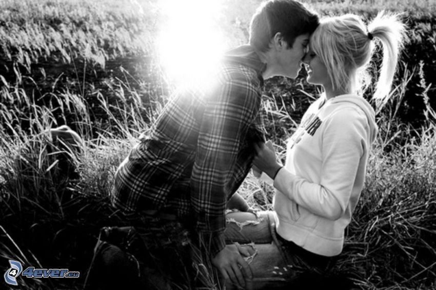 Paar auf dem Gras, flüchtiger Kuss, Liebe