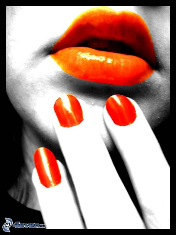 geschminkter Mund, lackierte Nägel, orange