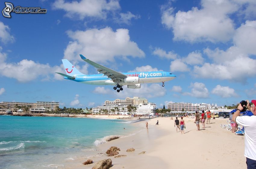 Flugzeug, Sandstrand, Menschen, Meer