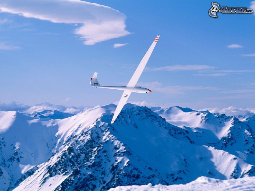 Segelflugzeug, schneebedeckte Berge, Flugzeug