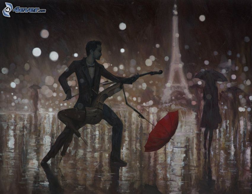 Tanz im Regen, Cello, Mann mit Regenschirm, Silhouette der Frau, Eiffelturm, Cartoon
