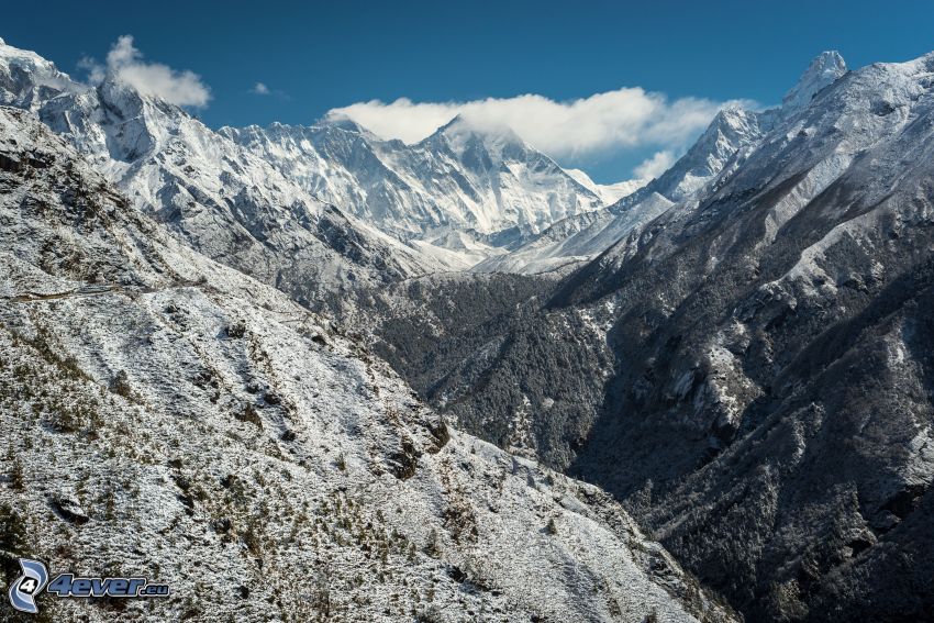 Cho Oyu, schneebedeckte Berge, Tal