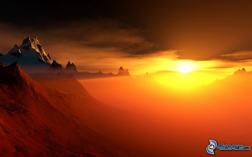 orange Sonnenuntergang, Berge, Hügel