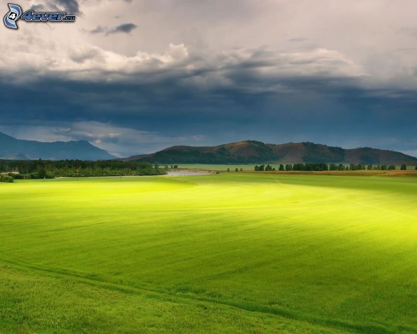 Feld, Berge, dunkler Himmel