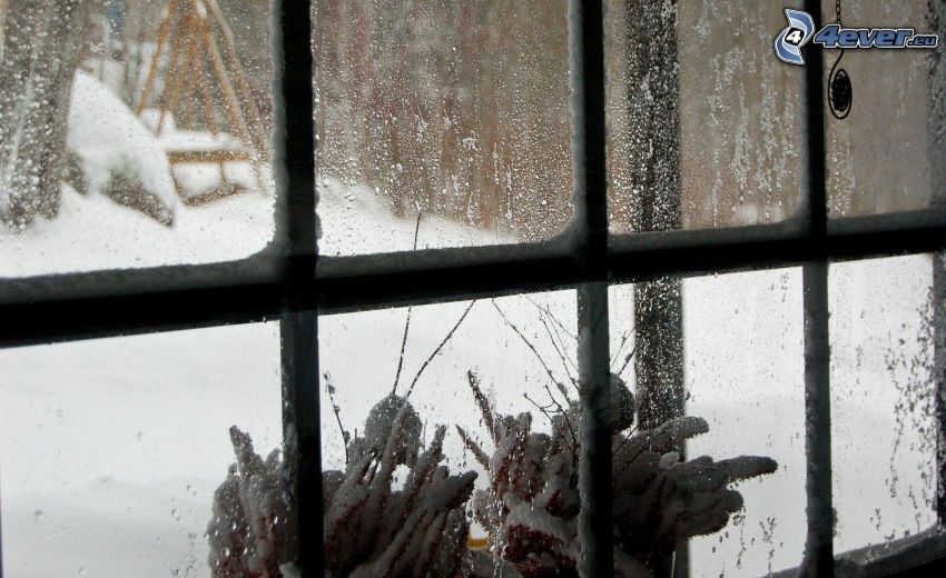 Fenster, verschneite Landschaft