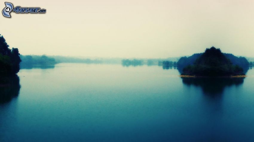 Fluss, Inselchen, Nebel