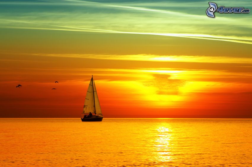 Segelschiff, Sonnenaufgang auf der Meeresspiegelfläche