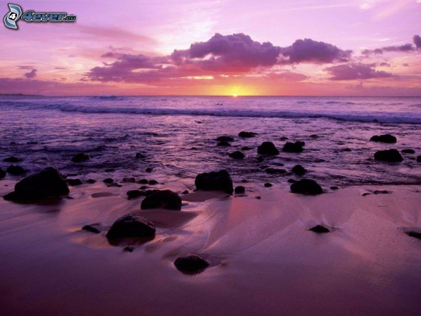 Sonnenuntergang auf dem Meer, lila Himmel, Strand