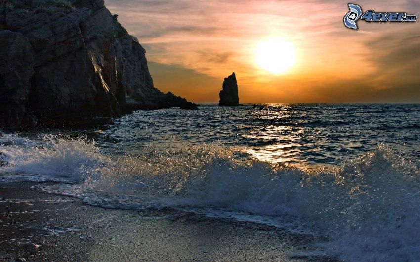 Sonnenuntergang über dem Meer, Felsen, Küste, Welle