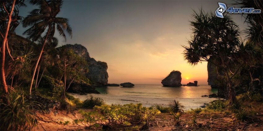 Strand beim Sonnenuntergang, Palmen, Felsen im Meer