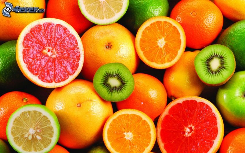 Obst, Grapefruit, orangen, kiwi, Zitronen, Limetten, grüner Apfel