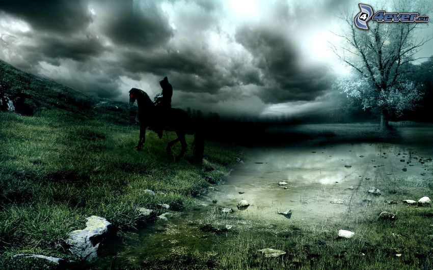 Silhouette eines Mannes, Pferd, dunkle Wolken, Baum, See, Hügel