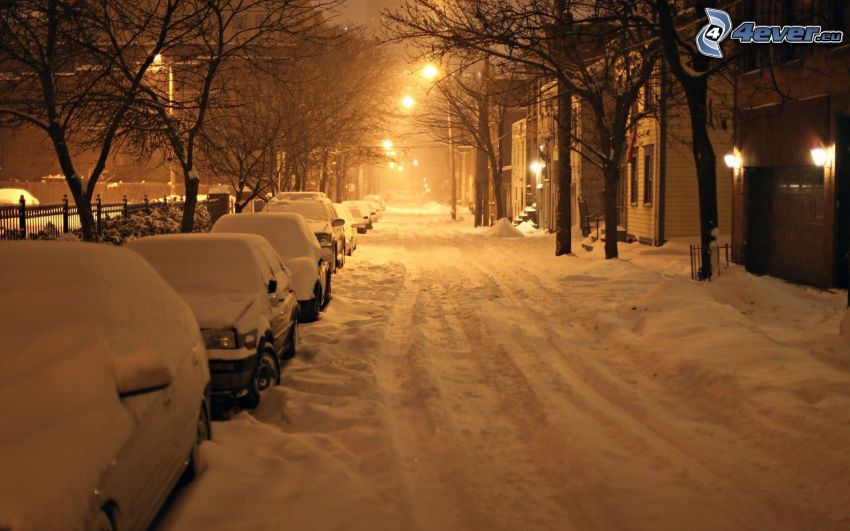 verschneite Straße, Straßenlampen