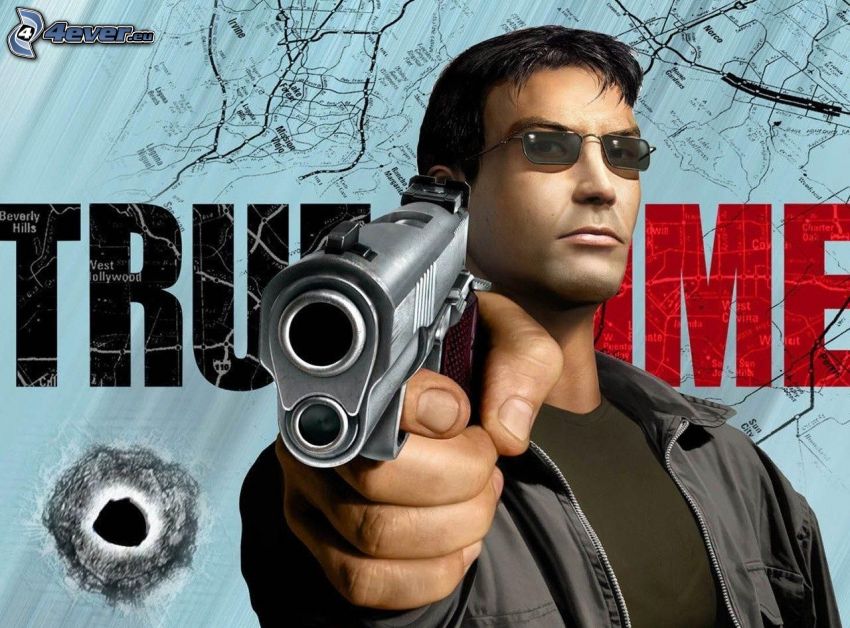True Crime, Mann mit einem Gewehr, Sonnenbrille, Loch