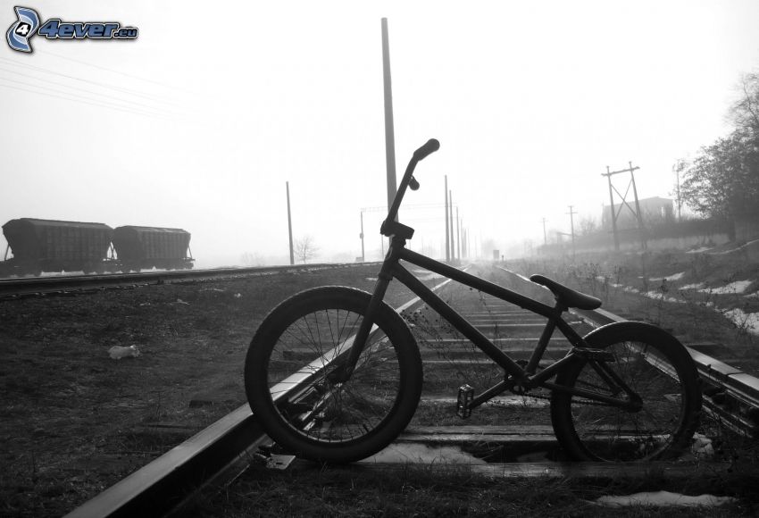 BMX, Fahrrad, Schienen, schwarzweiß