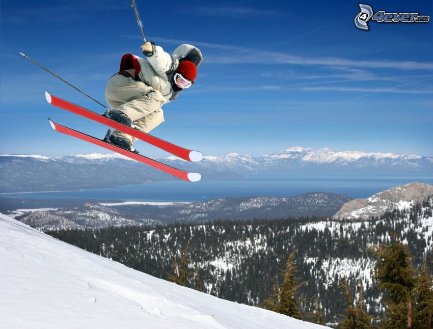 Extrem-Skifahren, Skisprung, schneebedeckte Berge