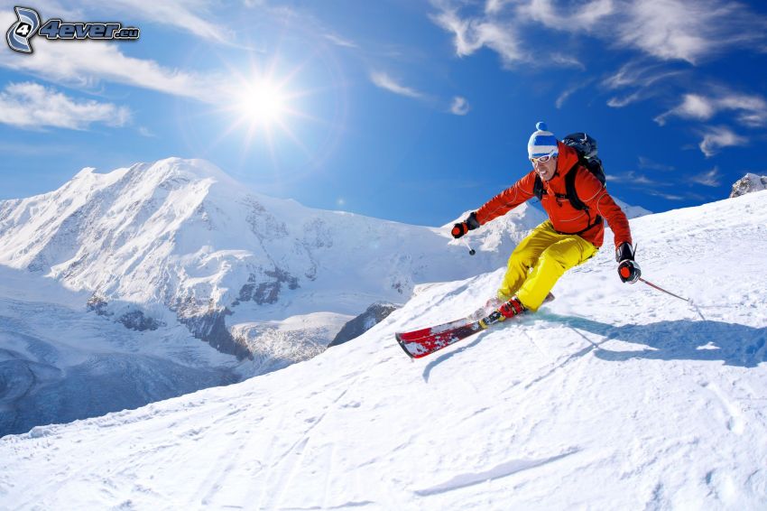 Skifahren, Skifahrer, Abhang, schneebedeckte Berge, Sonne