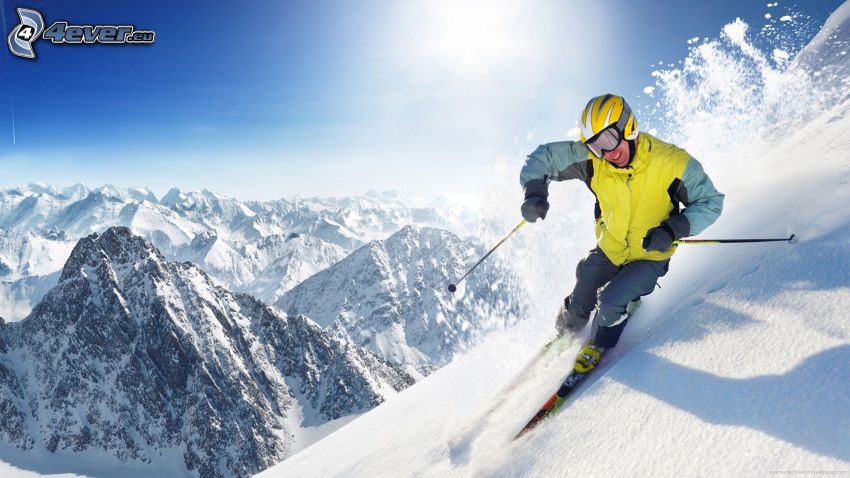 Skifahren, Skifahrer, schneebedeckte Berge