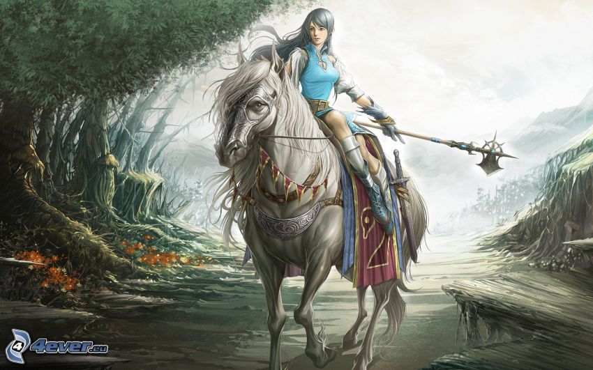 Anime Kriegerin, weißes Pferd