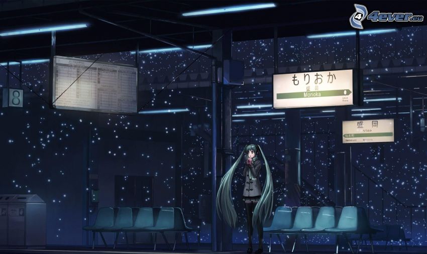 Anime Mädchen, langes Haar, Bahnhof