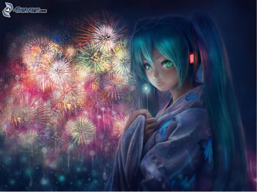 Fantasy Mädchen, Feuerwerk, blaue Haare