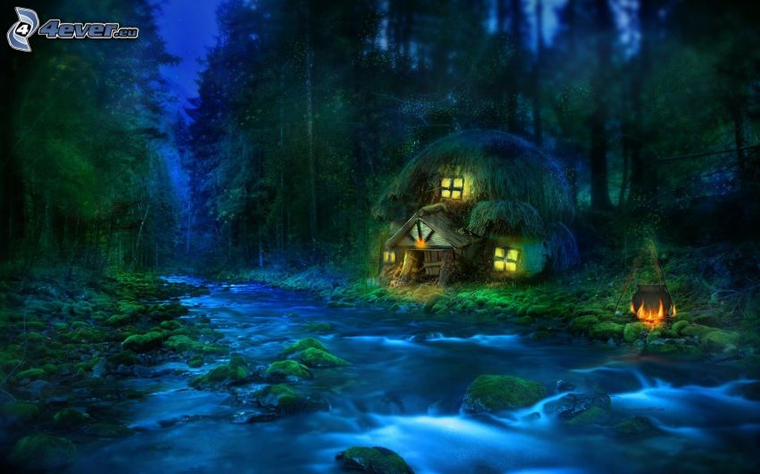 Hütte, Wald, Fluss, Nacht