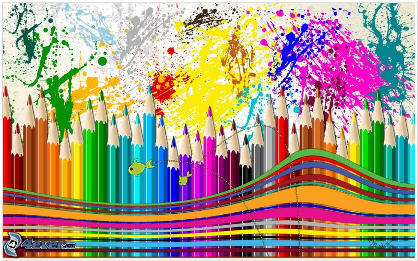 Buntstifte, Kleckse, farbige Linien
